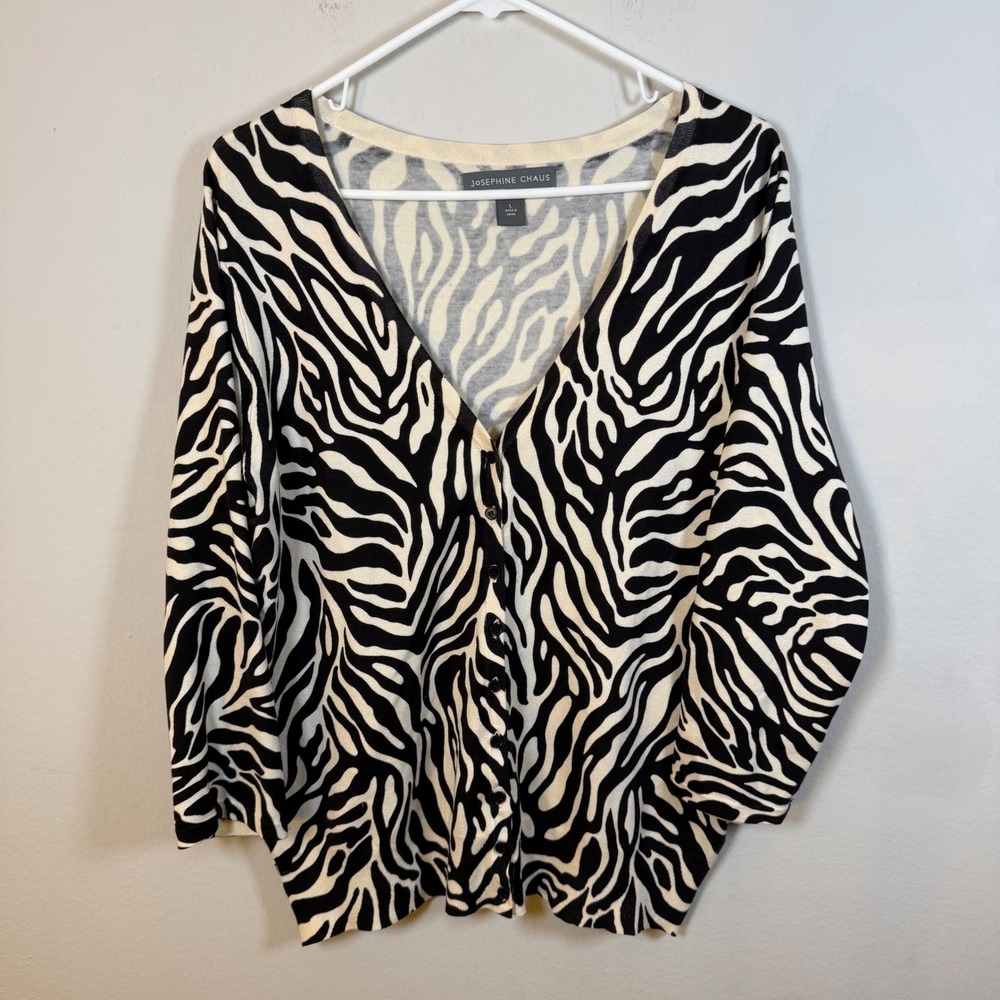 Josephine Chaus Zebra Print Silk Blend‎ Cardigan Sweater Black Cream Womens L